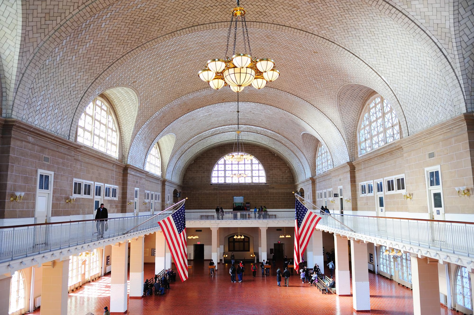 Government building interior with American flags